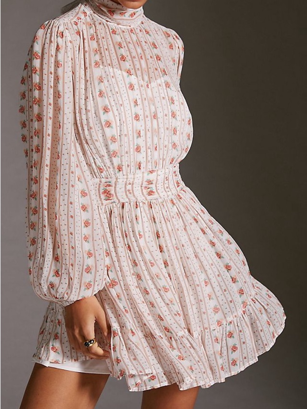 Anthropologie Floral High-Neck Long Sleeve Mini Dress - Pink